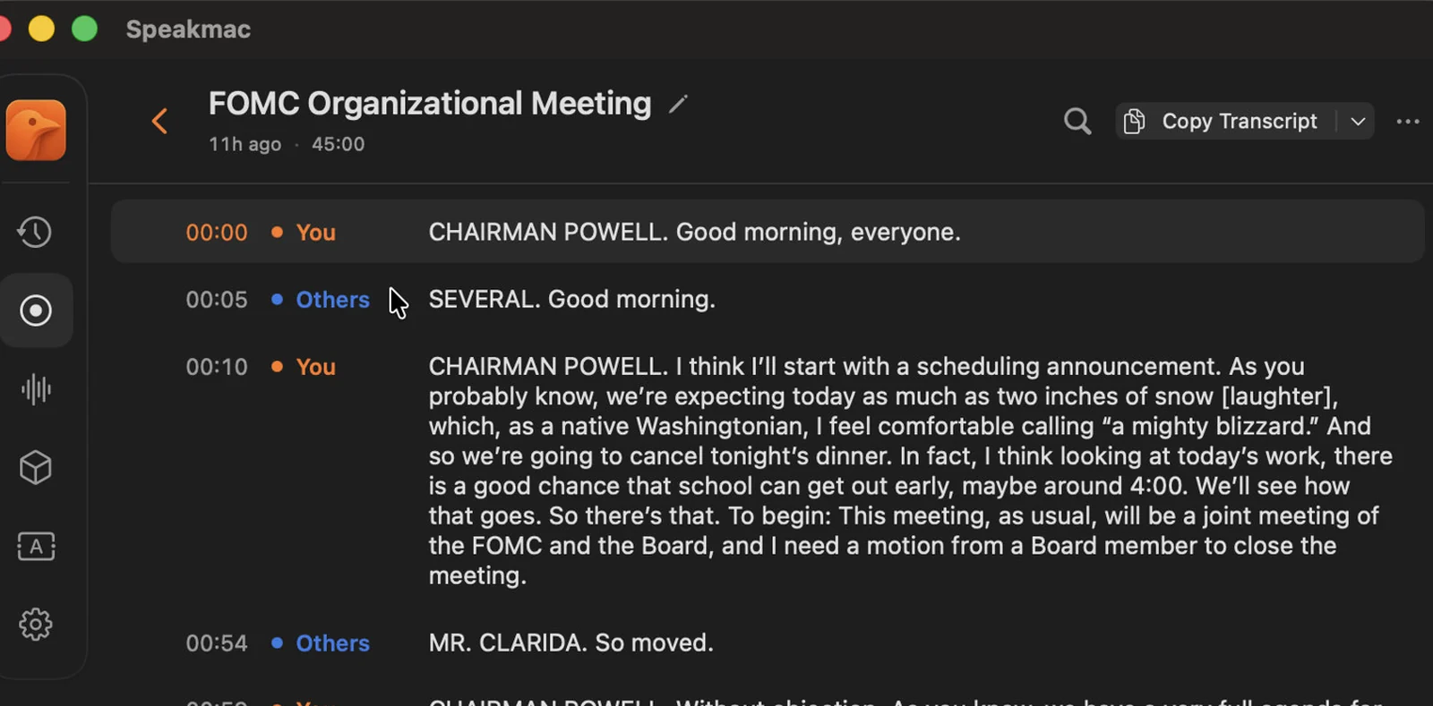 Speakmac Meeting Mode showing a speaker-labeled meeting transcript with timestamps