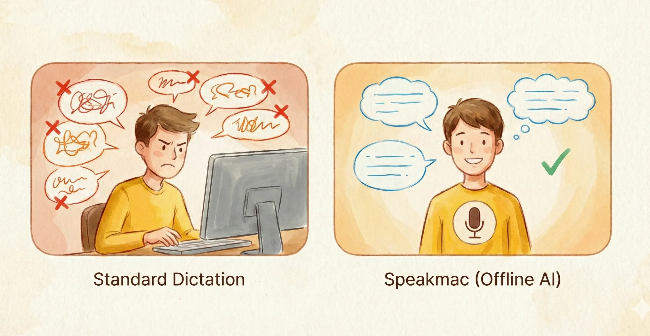 Hand-drawn storyboard comparing a frustrated user using standard Mac dictation versus a happy user using SpeakMac offline AI dictation.