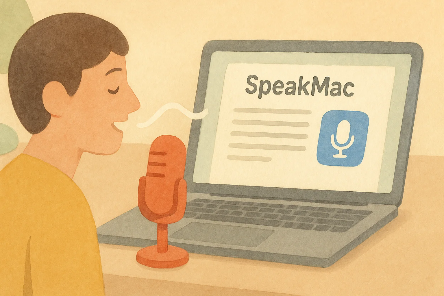 Hand-drawn storyboard of a Mac receiving dictated speech bubbles.