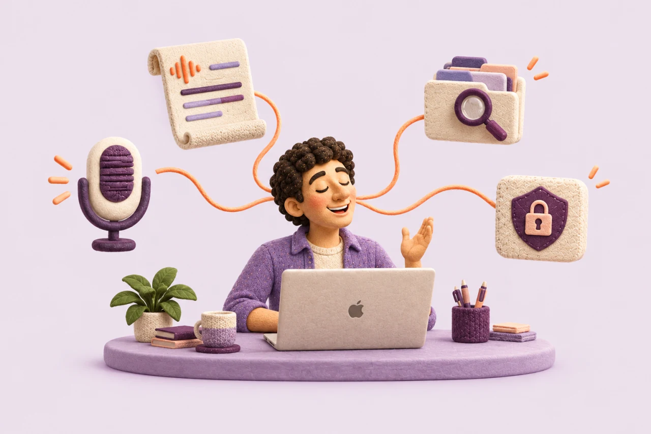 Clay illustration of someone dictating at their Mac, surrounded by a microphone, transcript, search and privacy symbols